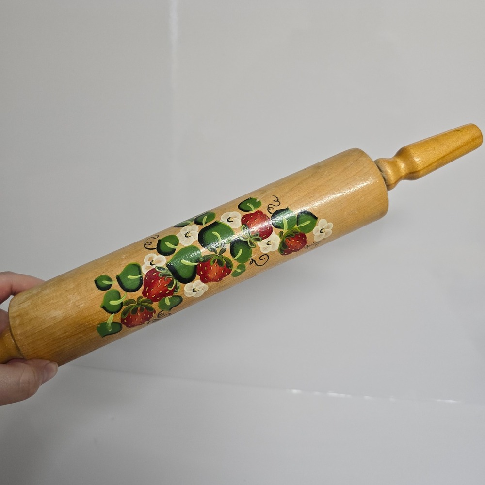 Vintage 1984 Hand Painted Strawberry Wood Rolling Pin Cottagecore Decor